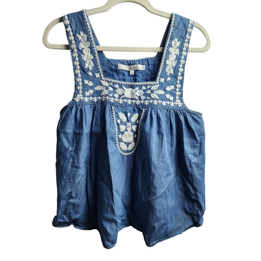 Lovers + Friends Revolve Dream Catcher Top Blue Lagoon Sz L chambray boho beach